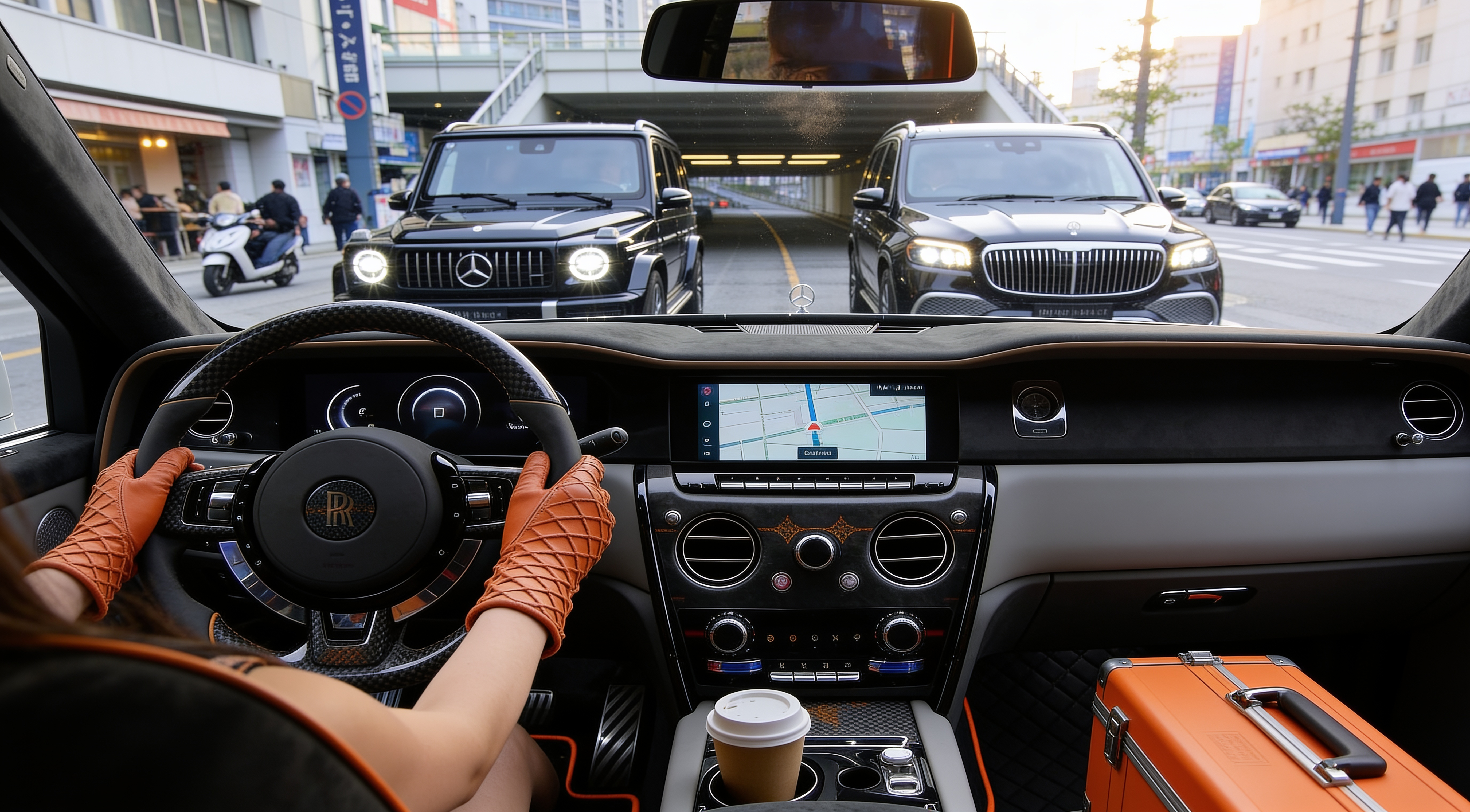 A resolved luxury mobility system seen from the driver's perspective