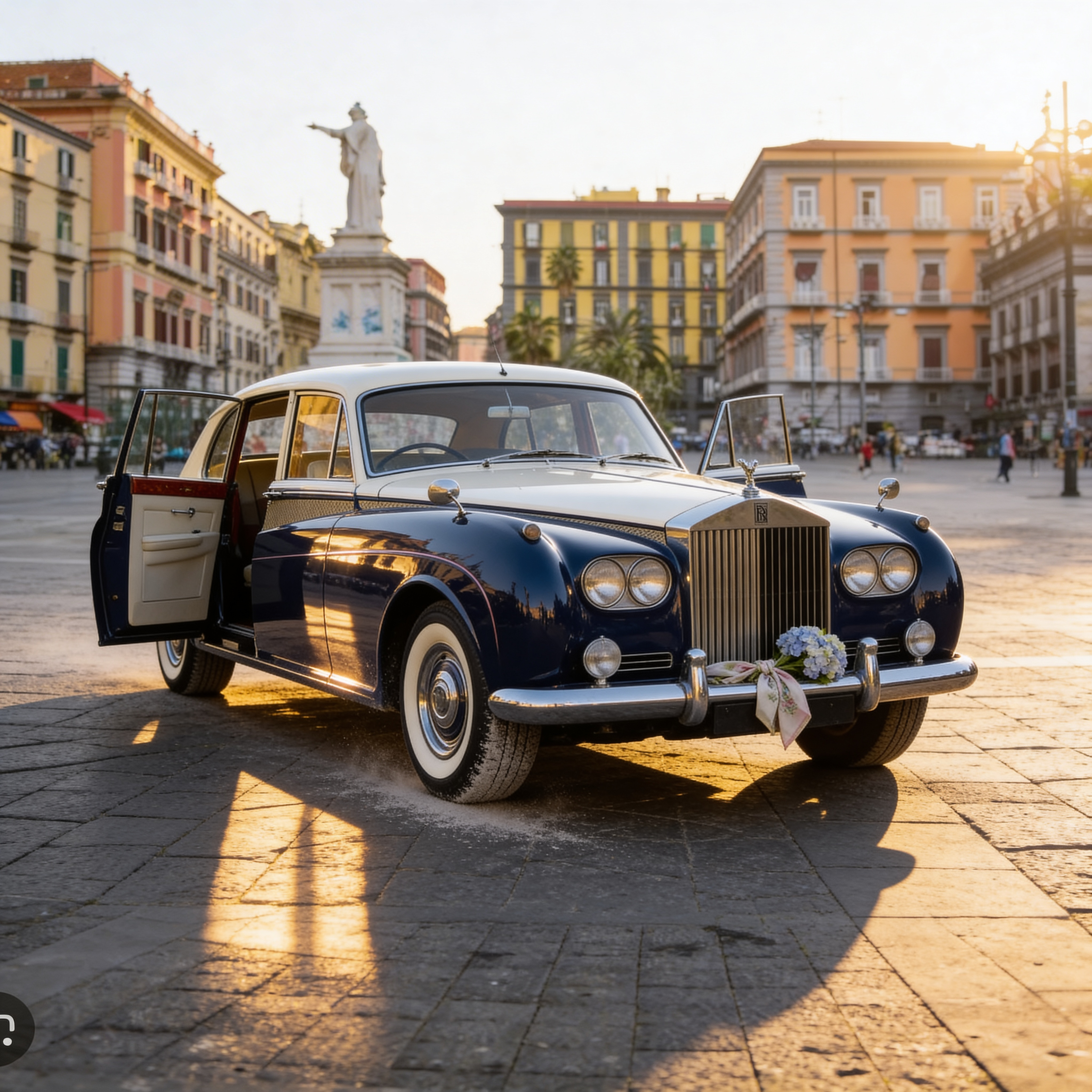 Vintage blue-and-white luxury car in a sunlit Italian square
