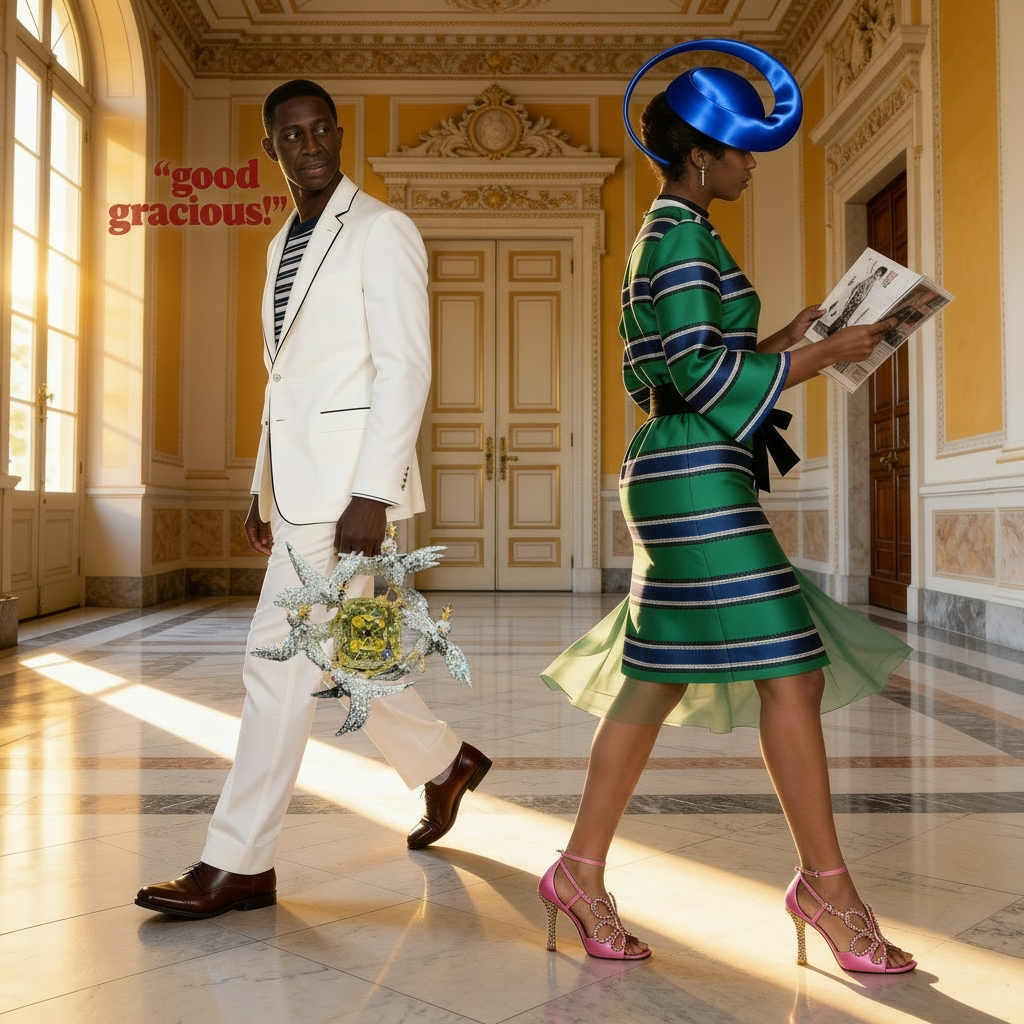 Two fashion models crossing an ornate sunlit interior