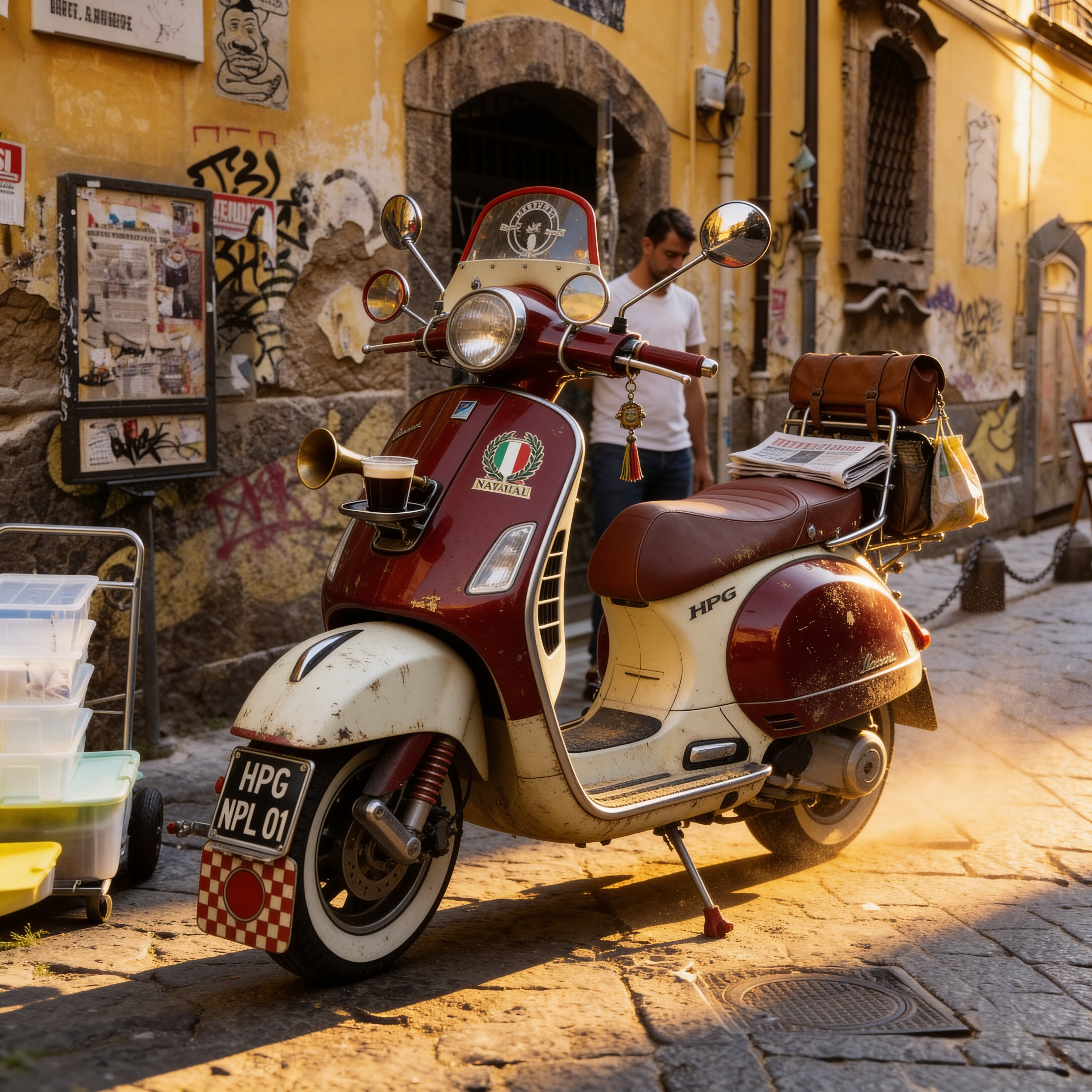 Weathered red-and-cream scooter parked on a sunlit city street