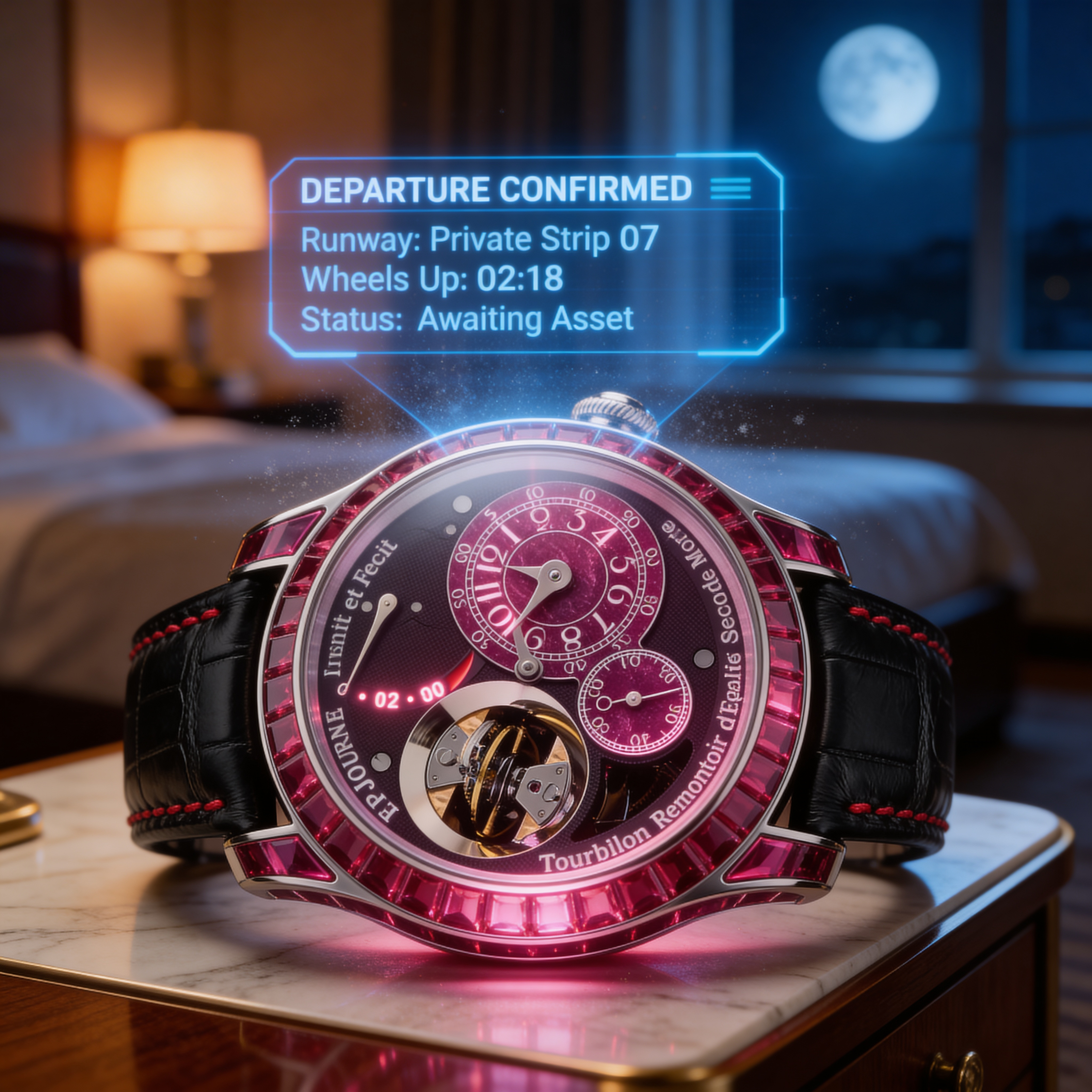Ruby-set mechanical wristwatch beneath a projected departure display