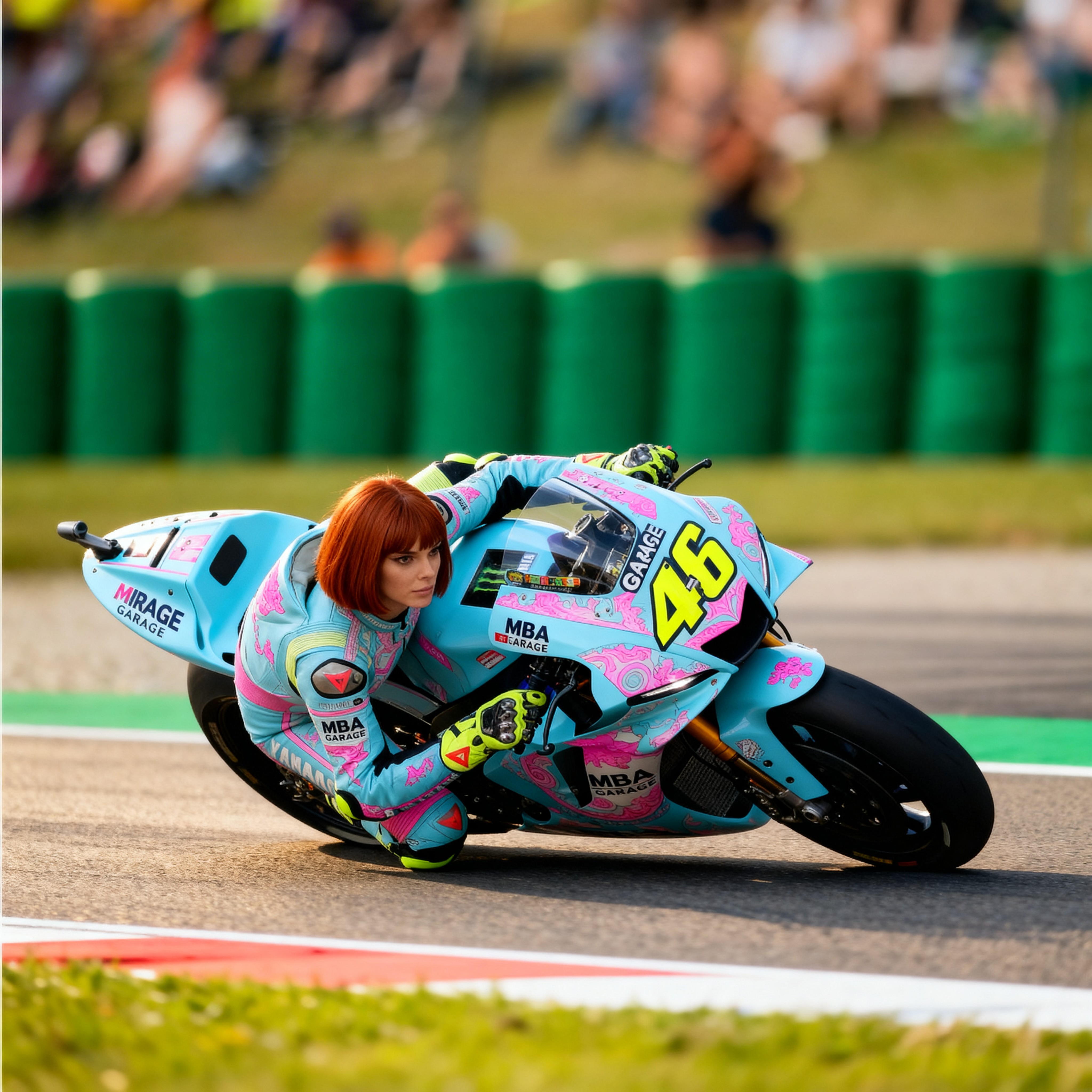 Motorcycle racer leaning beside a turquoise-and-pink racing bike on a circuit