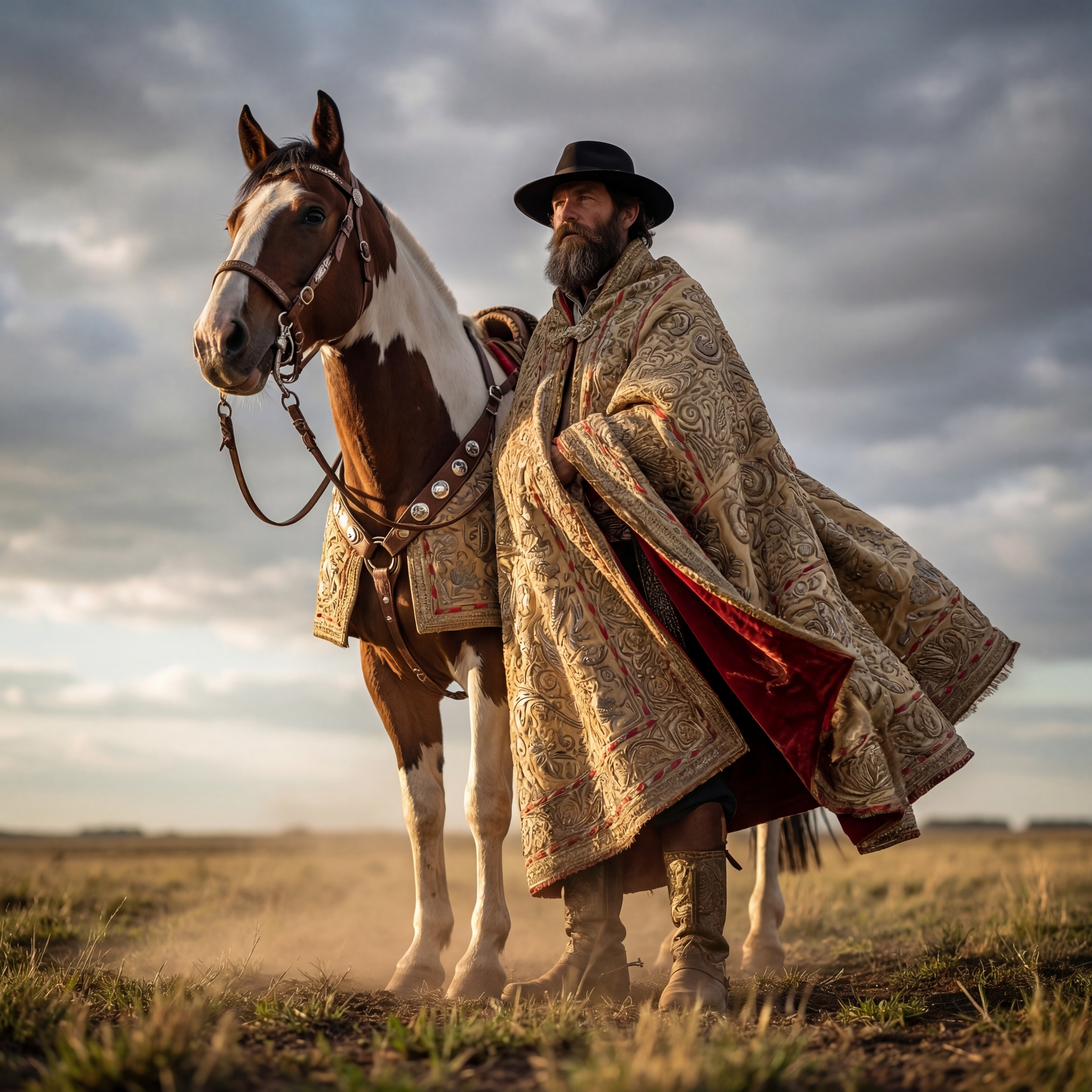 Rider seated on horseback in an open landscape