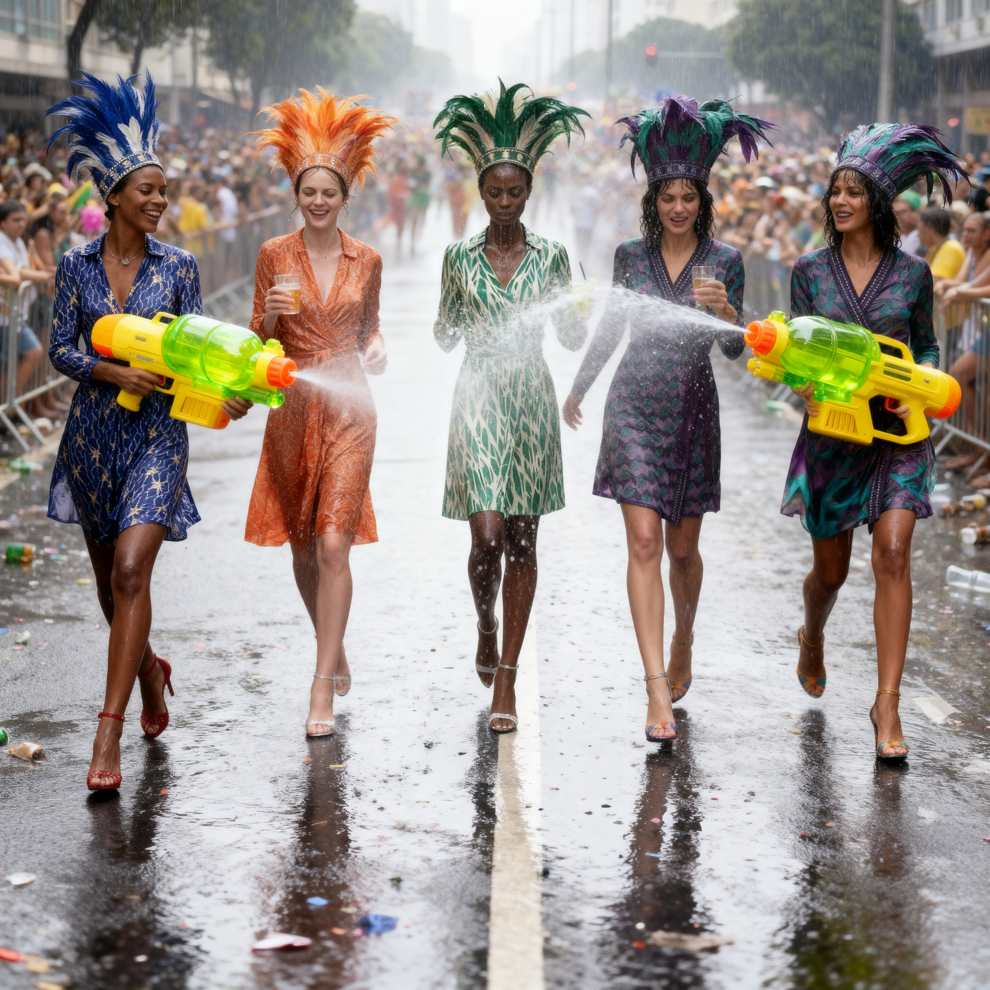 Fashion figures in elaborate costumes amid a crowded celebration