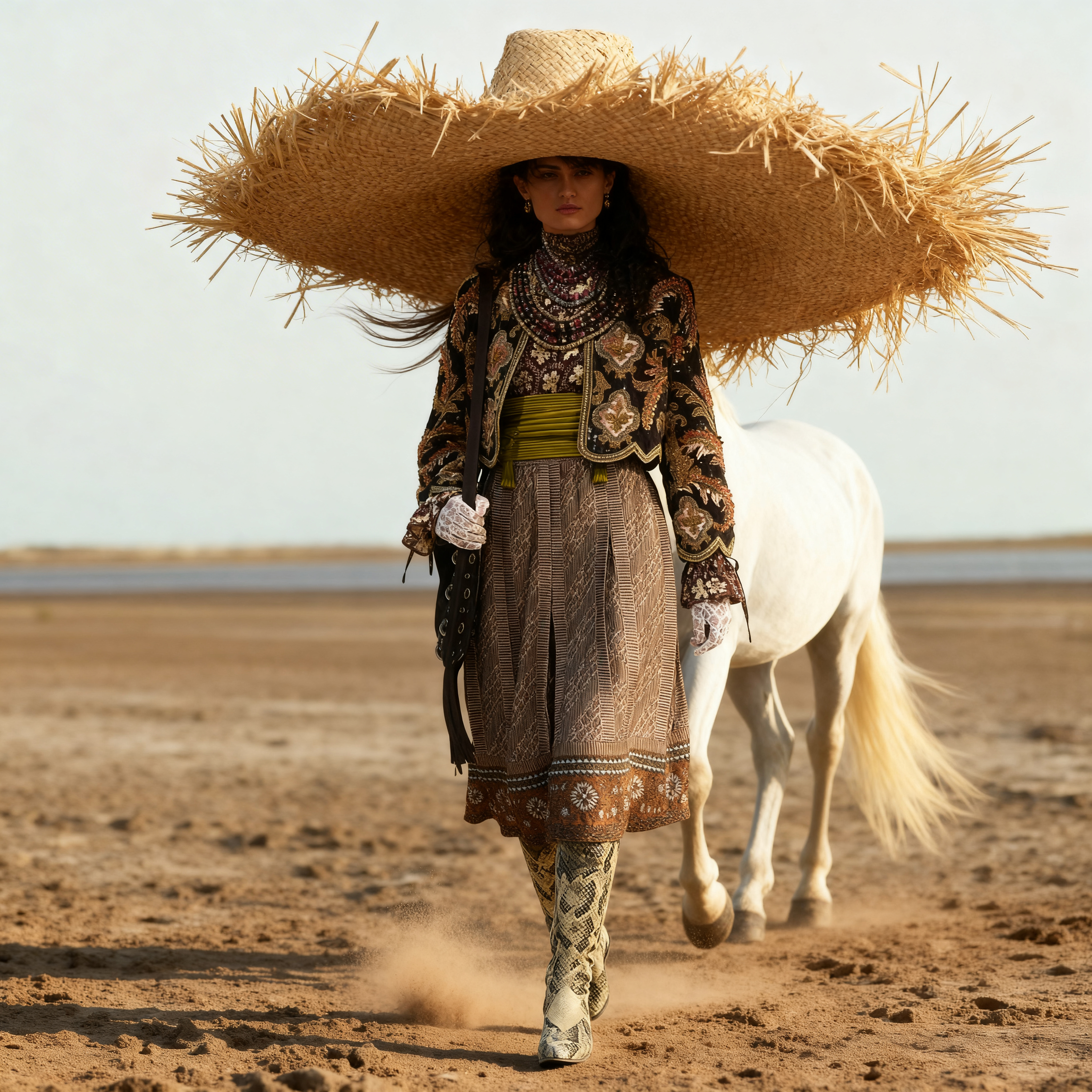 Figure in a broad hat posed in a desert landscape
