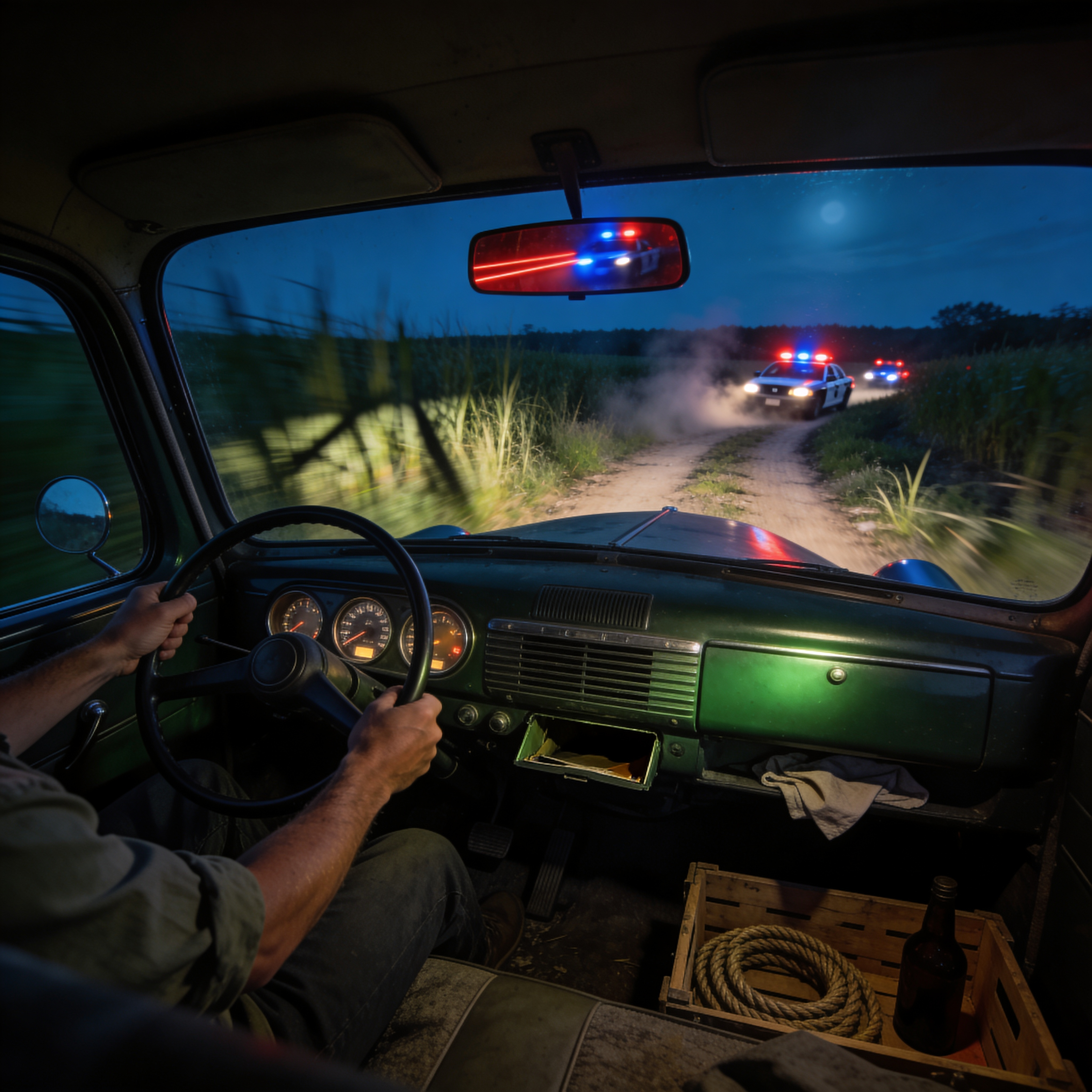 Driver follows vehicles with flashing lights along a dirt road at night
