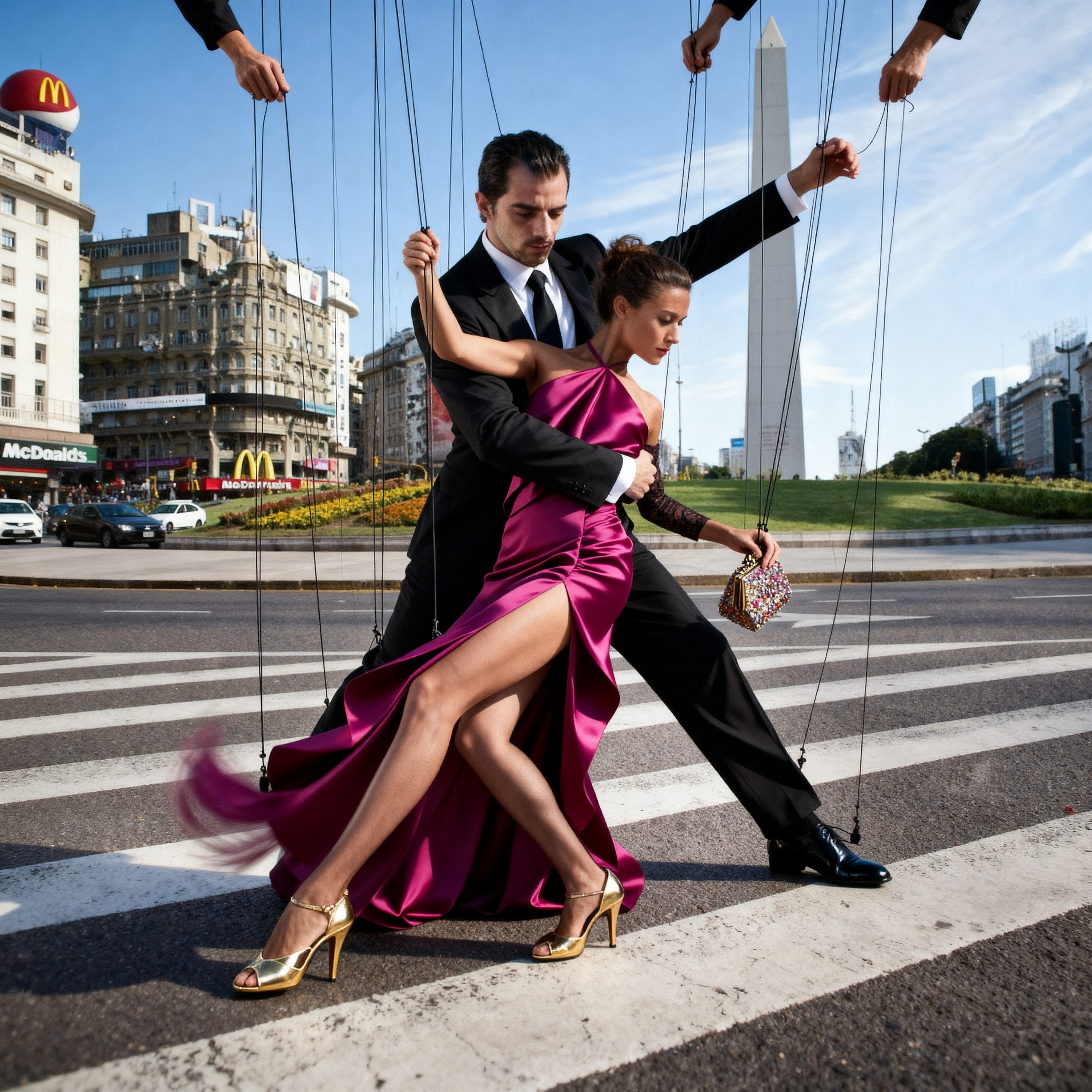 Tango dancers moving together in a city street
