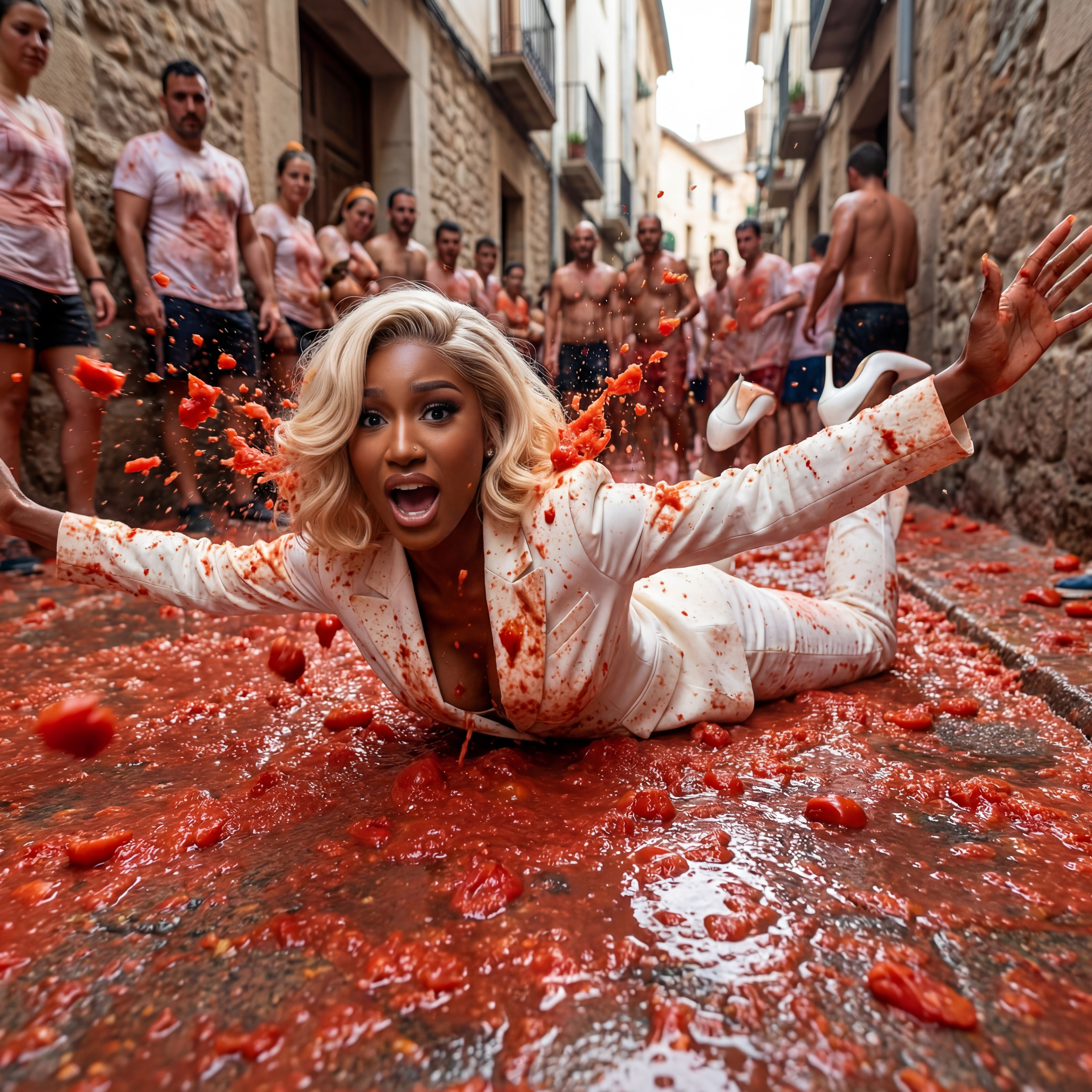 Crowd immersed in a vivid tomato-throwing street celebration